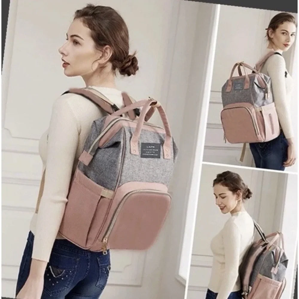 Land Large Gray Pink Diaper Backpack with Changing Pad and Adjustable Strap